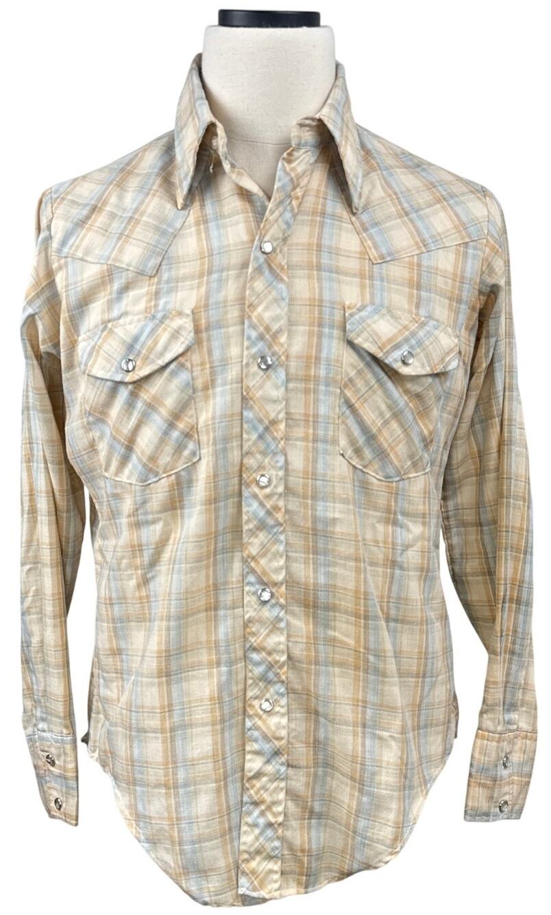 Vintage 80s Men’s Blue Tan Plaid Pearl Snap Western Shirt Medium